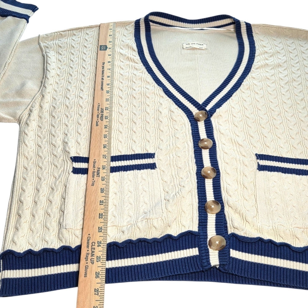 We The Free Varsity Cardigan Ecru Blue Cable Knit Oversized Collegiate S NWOT - Picture 10 of 15